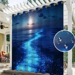 Waterproof Outdoor Curtain Privacy, Sliding Patio Curtain Drapes, Pergola Curtains Grommet 3D Ocean Twinkling Landscape For Gazebo, Balcony, Porch, Party, 1 Panel