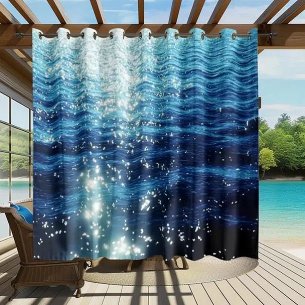 Waterproof Outdoor Curtain Privacy, Sliding Patio Curtain Drapes, Pergola Curtains Grommet 3D Ocean Twinkling Landscape For Gazebo, Balcony, Porch, Party, 1 Panel
