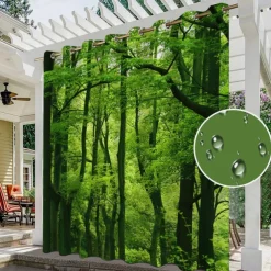 Waterproof Outdoor Curtain Privacy, Sliding Patio Curtain Drapes, Pergola Curtains Grommet 3D Forest Landscape For Gazebo, Balcony, Porch, Party, 1 Panel