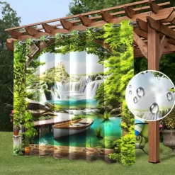 Waterproof Outdoor Curtain Privacy, Sliding Patio Curtain Drapes, Pergola Curtains Grommet 3D Watrefall Boat For Gazebo, Balcony, Porch, Party, 1 Panel
