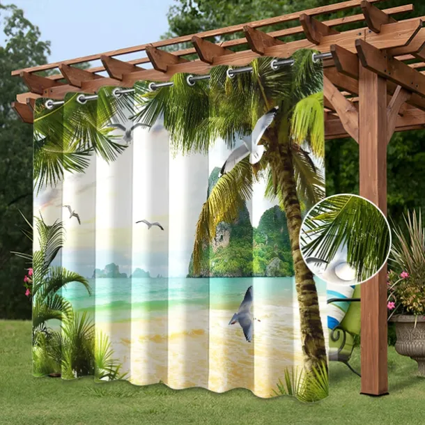 Waterproof Outdoor Curtain Privacy, Sliding Patio Curtain Drapes, Pergola Curtains Grommet 3D Watrefall Boat For Gazebo, Balcony, Porch, Party, 1 Panel