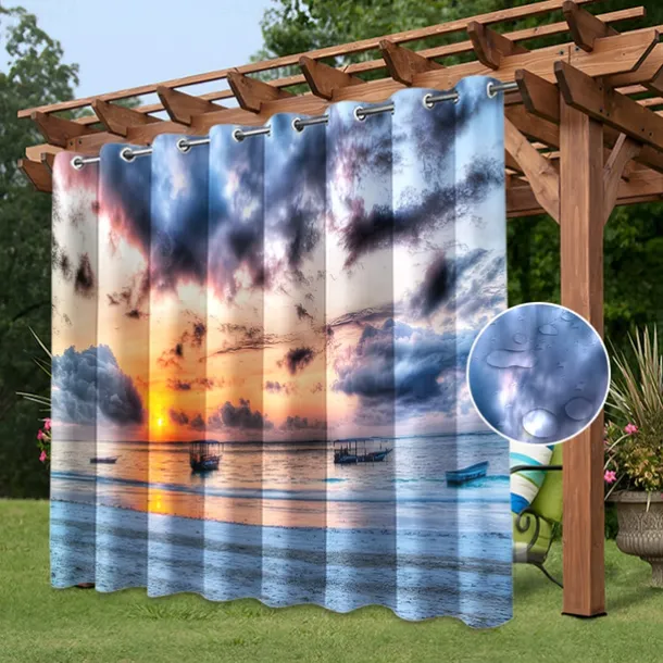 Waterproof Outdoor Curtain Privacy, Sliding Patio Curtain Drapes, Pergola Curtains Grommet 3D Watrefall Boat For Gazebo, Balcony, Porch, Party, 1 Panel