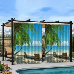 Waterproof Outdoor Curtain Privacy, Sliding Patio Curtain Drapes, Pergola Curtains Grommet 3D Landscape Beach For Gazebo, Balcony, Porch, Party, 1 Panel