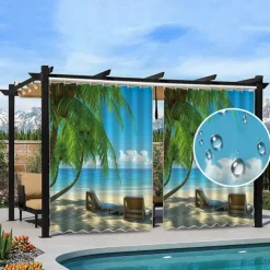 Waterproof Outdoor Curtain Privacy, Sliding Patio Curtain Drapes, Pergola Curtains Grommet 3D Landscape Beach For Gazebo, Balcony, Porch, Party, 1 Panel