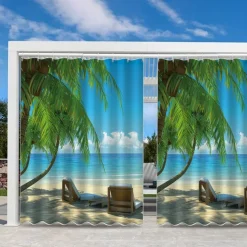 Waterproof Outdoor Curtain Privacy, Sliding Patio Curtain Drapes, Pergola Curtains Grommet 3D Landscape Beach For Gazebo, Balcony, Porch, Party, 1 Panel