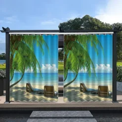 Waterproof Outdoor Curtain Privacy, Sliding Patio Curtain Drapes, Pergola Curtains Grommet 3D Landscape Beach For Gazebo, Balcony, Porch, Party, 1 Panel