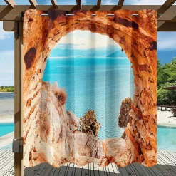 Waterproof Outdoor Curtain Privacy, Sliding Patio Curtain Drapes, Pergola Curtains Grommet 3D Ocean Cave Landscape For Gazebo, Balcony, Porch, Party, 1 Panel