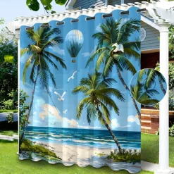 Waterproof Outdoor Curtain Privacy, Sliding Patio Curtain Drapes, Pergola Curtains Grommet Beach Palm Trees Landscape For Gazebo, Balcony, Porch, Party, 1 Panel