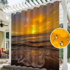 Waterproof Outdoor Curtain Privacy, Sliding Patio Curtain Drapes, Pergola Curtains Grommet 3D Summer Beach Sunset Landscape For Gazebo, Balcony, Porch, Party, 1 Panel