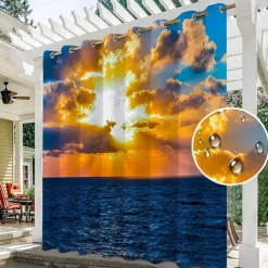 Waterproof Outdoor Curtain Privacy, Sliding Patio Curtain Drapes, Pergola Curtains Grommet 3D Summer Beach Sunset Landscape For Gazebo, Balcony, Porch, Party, 1 Panel