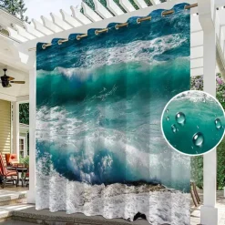 Waterproof Outdoor Curtain Privacy, Sliding Patio Curtain Drapes, Pergola Curtains Grommet 3D Ocean Wave Landscape For Gazebo, Balcony, Porch, Party, 1 Panel