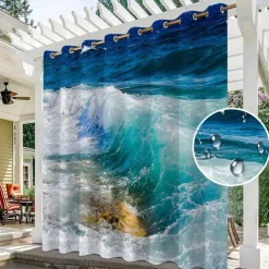 Waterproof Outdoor Curtain Privacy, Sliding Patio Curtain Drapes, Pergola Curtains Grommet 3D Ocean Wave Landscape For Gazebo, Balcony, Porch, Party, 1 Panel