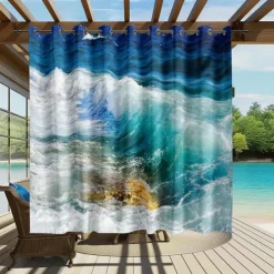 Waterproof Outdoor Curtain Privacy, Sliding Patio Curtain Drapes, Pergola Curtains Grommet 3D Ocean Wave Landscape For Gazebo, Balcony, Porch, Party, 1 Panel