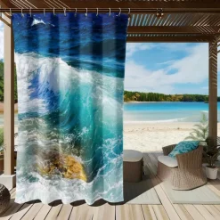 Waterproof Outdoor Curtain Privacy, Sliding Patio Curtain Drapes, Pergola Curtains Grommet 3D Ocean Wave Landscape For Gazebo, Balcony, Porch, Party, 1 Panel