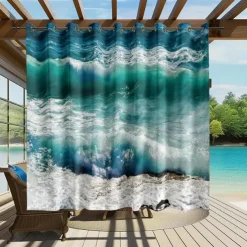 Waterproof Outdoor Curtain Privacy, Sliding Patio Curtain Drapes, Pergola Curtains Grommet 3D Ocean Wave Landscape For Gazebo, Balcony, Porch, Party, 1 Panel