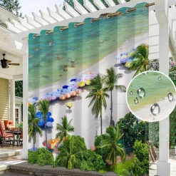 Waterproof Outdoor Curtain Privacy, Sliding Patio Curtain Drapes, Pergola Curtains Grommet 3D Summer Beach Palm Trees Landscape For Gazebo, Balcony, Porch, Party, 1 Panel