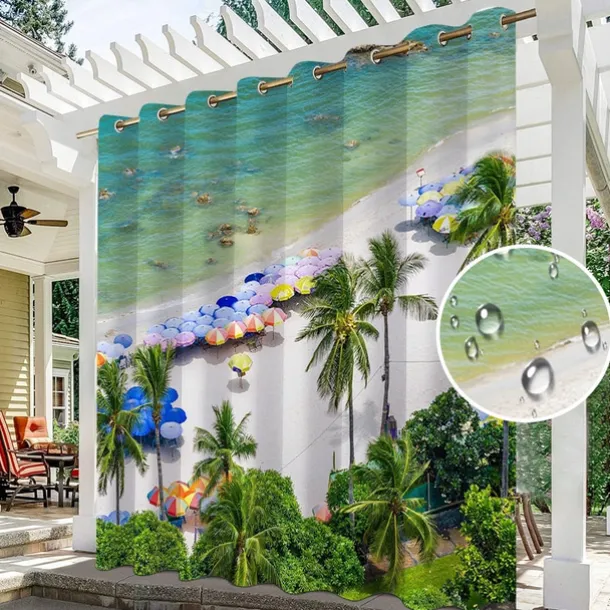 Waterproof Outdoor Curtain Privacy, Sliding Patio Curtain Drapes, Pergola Curtains Grommet 3D Summer Beach Palm Trees Landscape For Gazebo, Balcony, Porch, Party, 1 Panel