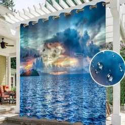Waterproof Outdoor Curtain Privacy, Sliding Patio Curtain Drapes, Pergola Curtains Grommet 3D Summer Beach Ocean Landscape For Gazebo, Balcony, Porch, Party, 1 Panel