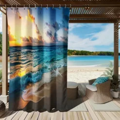 Waterproof Outdoor Curtain Privacy, Sliding Patio Curtain Drapes, Pergola Curtains Grommet 3D Summer Beach Ocean Landscape For Gazebo, Balcony, Porch, Party, 1 Panel