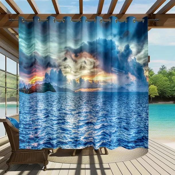 Waterproof Outdoor Curtain Privacy, Sliding Patio Curtain Drapes, Pergola Curtains Grommet 3D Summer Beach Ocean Landscape For Gazebo, Balcony, Porch, Party, 1 Panel