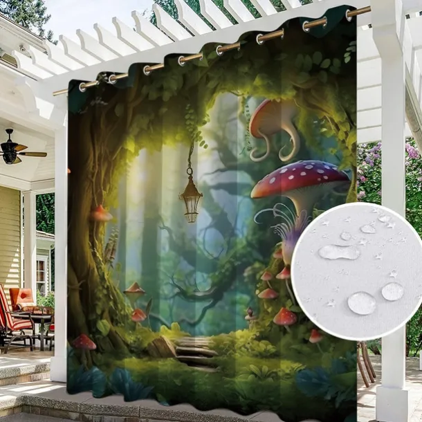 Waterproof Outdoor Curtain Privacy, Outdoor Shades, Sliding Patio Curtain Drapes, Pergola Curtains Grommet Mushroom Forest For Gazebo, Balcony, Porch, Party