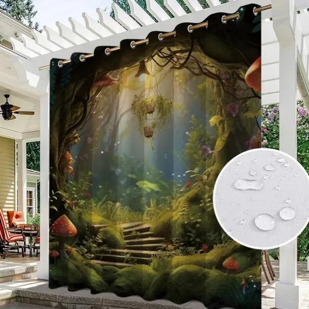 Waterproof Outdoor Curtain Privacy, Outdoor Shades, Sliding Patio Curtain Drapes, Pergola Curtains Grommet Mushroom Forest For Gazebo, Balcony, Porch, Party