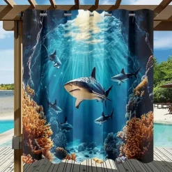 Waterproof Outdoor Curtain Privacy, Sliding Patio Curtain Drapes, Pergola Curtains Grommet 3D Ocean Sharks Landscape For Gazebo, Balcony, Porch, Party, 1 Panel