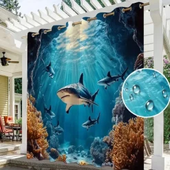 Waterproof Outdoor Curtain Privacy, Sliding Patio Curtain Drapes, Pergola Curtains Grommet 3D Ocean Sharks Landscape For Gazebo, Balcony, Porch, Party, 1 Panel