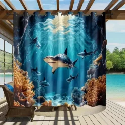 Waterproof Outdoor Curtain Privacy, Sliding Patio Curtain Drapes, Pergola Curtains Grommet 3D Ocean Sharks Landscape For Gazebo, Balcony, Porch, Party, 1 Panel
