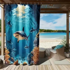 Waterproof Outdoor Curtain Privacy, Sliding Patio Curtain Drapes, Pergola Curtains Grommet 3D Ocean Sharks Landscape For Gazebo, Balcony, Porch, Party, 1 Panel