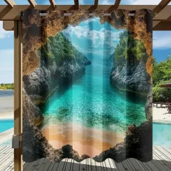 Waterproof Outdoor Curtain Privacy, Sliding Patio Curtain Drapes, Pergola Curtains Grommet 3D Ocean Cave Landscape For Gazebo, Balcony, Porch, Party, 1 Panel