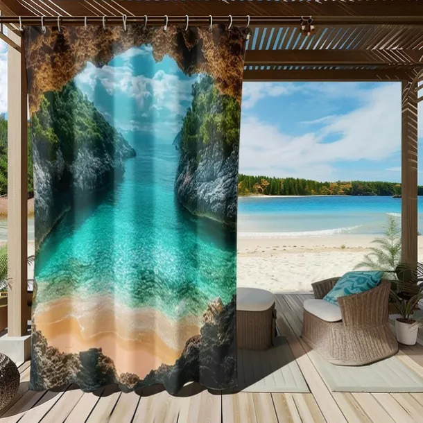 Waterproof Outdoor Curtain Privacy, Sliding Patio Curtain Drapes, Pergola Curtains Grommet 3D Ocean Cave Landscape For Gazebo, Balcony, Porch, Party, 1 Panel