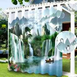 Waterproof Outdoor Curtain Privacy, Sliding Patio Curtain Drapes, Pergola Curtains Grommet 3D Nature Landscape for Gazebo, Balcony, Porch, Party, 1 Panel