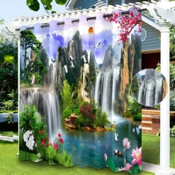 Waterproof Outdoor Curtain Privacy, Sliding Patio Curtain Drapes, Pergola Curtains Grommet 3D Nature Landscape for Gazebo, Balcony, Porch, Party, 1 Panel