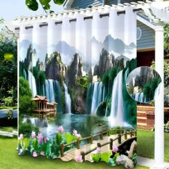 Waterproof Outdoor Curtain Privacy, Sliding Patio Curtain Drapes, Pergola Curtains Grommet 3D Nature Landscape for Gazebo, Balcony, Porch, Party, 1 Panel