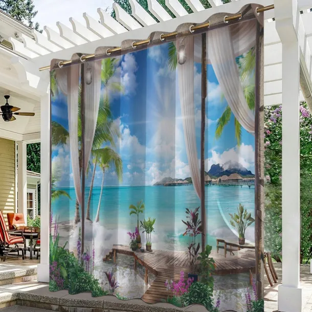 Waterproof Outdoor Curtain Privacy, Outdoor Shades, Sliding Patio Curtain Drapes, Pergola Curtains Grommet Ocean Beach For Gazebo, Balcony, Porch, Party