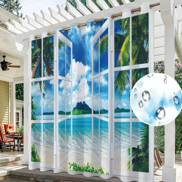 Waterproof Outdoor Curtain Privacy, Outdoor Shades, Sliding Patio Curtain Drapes, Pergola Curtains Grommet Ocean Beach For Gazebo, Balcony, Porch, Party