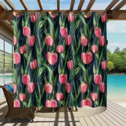 Waterproof Outdoor Curtain Privacy, Sliding Patio Curtain Drapes, Pergola Curtains Grommet 3D Summer Tulips Landscape For Gazebo, Balcony, Porch, Party, 1 Panel