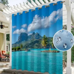 Waterproof Outdoor Curtain Privacy, Sliding Patio Curtain Drapes, Pergola Curtains Grommet 3D Ocean Island Landscape For Gazebo, Balcony, Porch, Party, 1 Panel