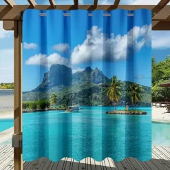 Waterproof Outdoor Curtain Privacy, Sliding Patio Curtain Drapes, Pergola Curtains Grommet 3D Ocean Island Landscape For Gazebo, Balcony, Porch, Party, 1 Panel