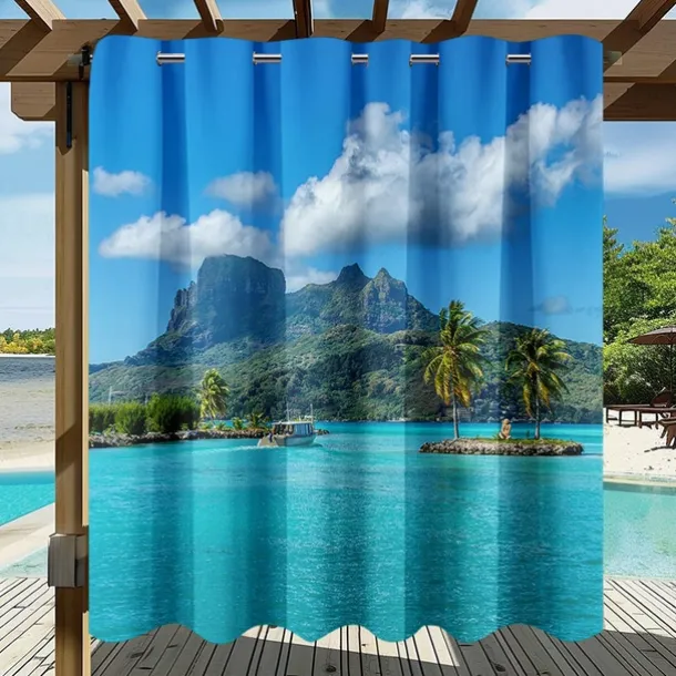 Waterproof Outdoor Curtain Privacy, Sliding Patio Curtain Drapes, Pergola Curtains Grommet 3D Ocean Island Landscape For Gazebo, Balcony, Porch, Party, 1 Panel