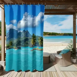 Waterproof Outdoor Curtain Privacy, Sliding Patio Curtain Drapes, Pergola Curtains Grommet 3D Ocean Island Landscape For Gazebo, Balcony, Porch, Party, 1 Panel
