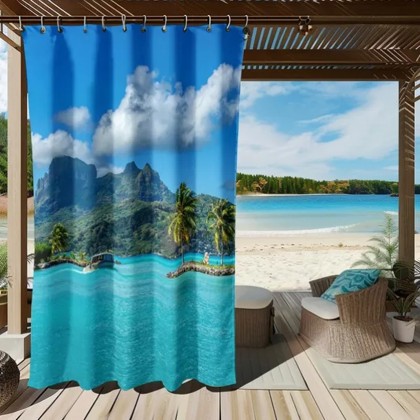 Waterproof Outdoor Curtain Privacy, Sliding Patio Curtain Drapes, Pergola Curtains Grommet 3D Ocean Island Landscape For Gazebo, Balcony, Porch, Party, 1 Panel