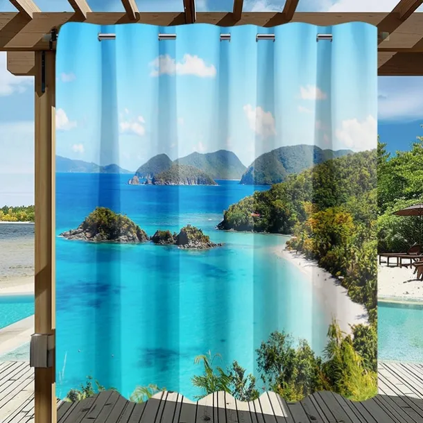 Waterproof Outdoor Curtain Privacy, Sliding Patio Curtain Drapes, Pergola Curtains Grommet 3D Ocean Island Landscape For Gazebo, Balcony, Porch, Party, 1 Panel