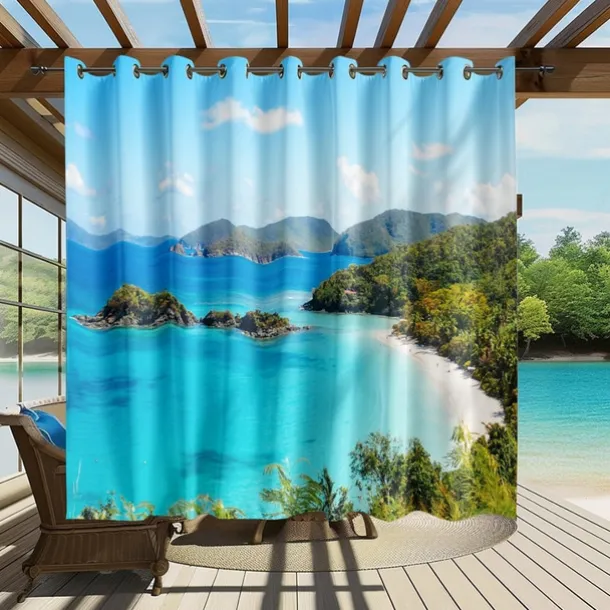 Waterproof Outdoor Curtain Privacy, Sliding Patio Curtain Drapes, Pergola Curtains Grommet 3D Ocean Island Landscape For Gazebo, Balcony, Porch, Party, 1 Panel