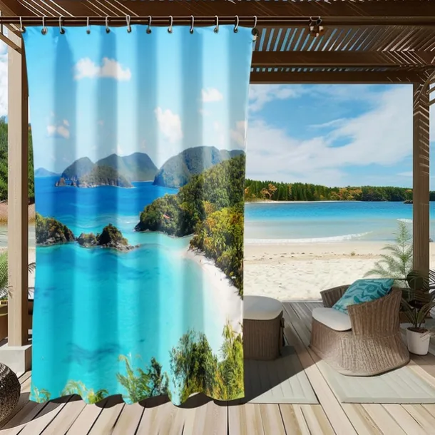Waterproof Outdoor Curtain Privacy, Sliding Patio Curtain Drapes, Pergola Curtains Grommet 3D Ocean Island Landscape For Gazebo, Balcony, Porch, Party, 1 Panel