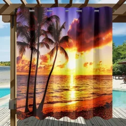 Waterproof Outdoor Curtain Privacy, Sliding Patio Curtain Drapes, Pergola Curtains Grommet 3D Ocean Beach Landscape For Gazebo, Balcony, Porch, Party, 1 Panel