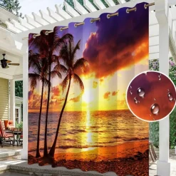 Waterproof Outdoor Curtain Privacy, Sliding Patio Curtain Drapes, Pergola Curtains Grommet 3D Ocean Beach Landscape For Gazebo, Balcony, Porch, Party, 1 Panel