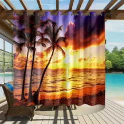 Waterproof Outdoor Curtain Privacy, Sliding Patio Curtain Drapes, Pergola Curtains Grommet 3D Ocean Beach Landscape For Gazebo, Balcony, Porch, Party, 1 Panel
