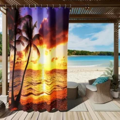Waterproof Outdoor Curtain Privacy, Sliding Patio Curtain Drapes, Pergola Curtains Grommet 3D Ocean Beach Landscape For Gazebo, Balcony, Porch, Party, 1 Panel